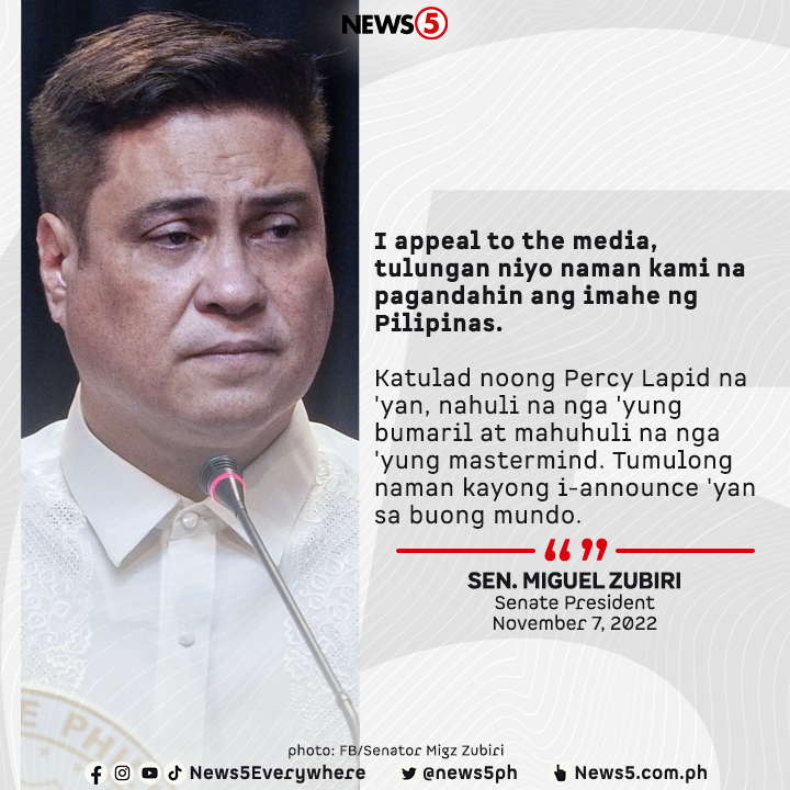 News5PH's tweet photo. "TULUNGAN NIYO NAMAN KAMI"
Umapela si Senate Pres. Juan Miguel Zubiri sa mga miyembro ng media na tulungan ang gobyerno na pagandahin ang imahe ng bansa sa international community. #News5 https://t.co/PAEV75weog