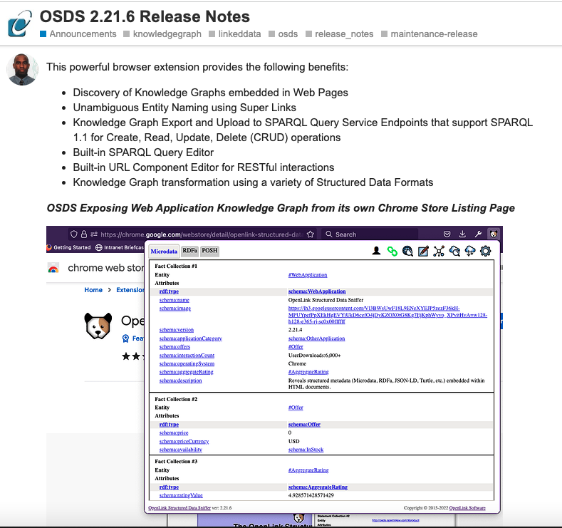 We are pleased to announce immediate availability of <a href="/datasniff/">OpenLink Structured Data Sniffer (OSDS)</a> version 2.21.6. 

This powerful tool continues to unveil new #HyperData frontiers (beyond #HyperText) using existing browsers (#Chrome, #Safari, #Firefox etc). 

#LinkedDataApps #LinkedData #DataConnectivity #Web30