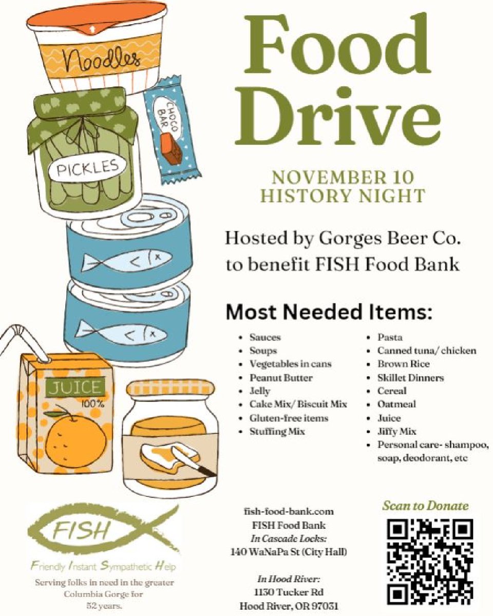 Bring your food drive items by Gorges Cascade Locks on Thursday during our Cascade Locks History night and trivia!