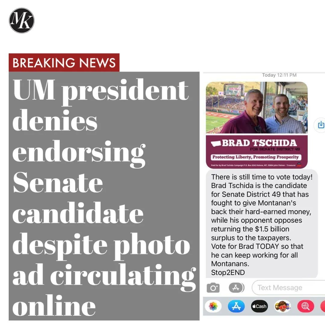MontanaKaimin's tweet photo. Twitter has been rumbling with an ad that looked like UM President Seth Bodnar endorsed SD 49 candidate Brad Tschida…which is not the case. Read more here: https://t.co/oHFzglPpxI
Article by Najifa Farhat
#Tschida #Bodnar #SD49 #MTPol https://t.co/S5QhOBAH09
