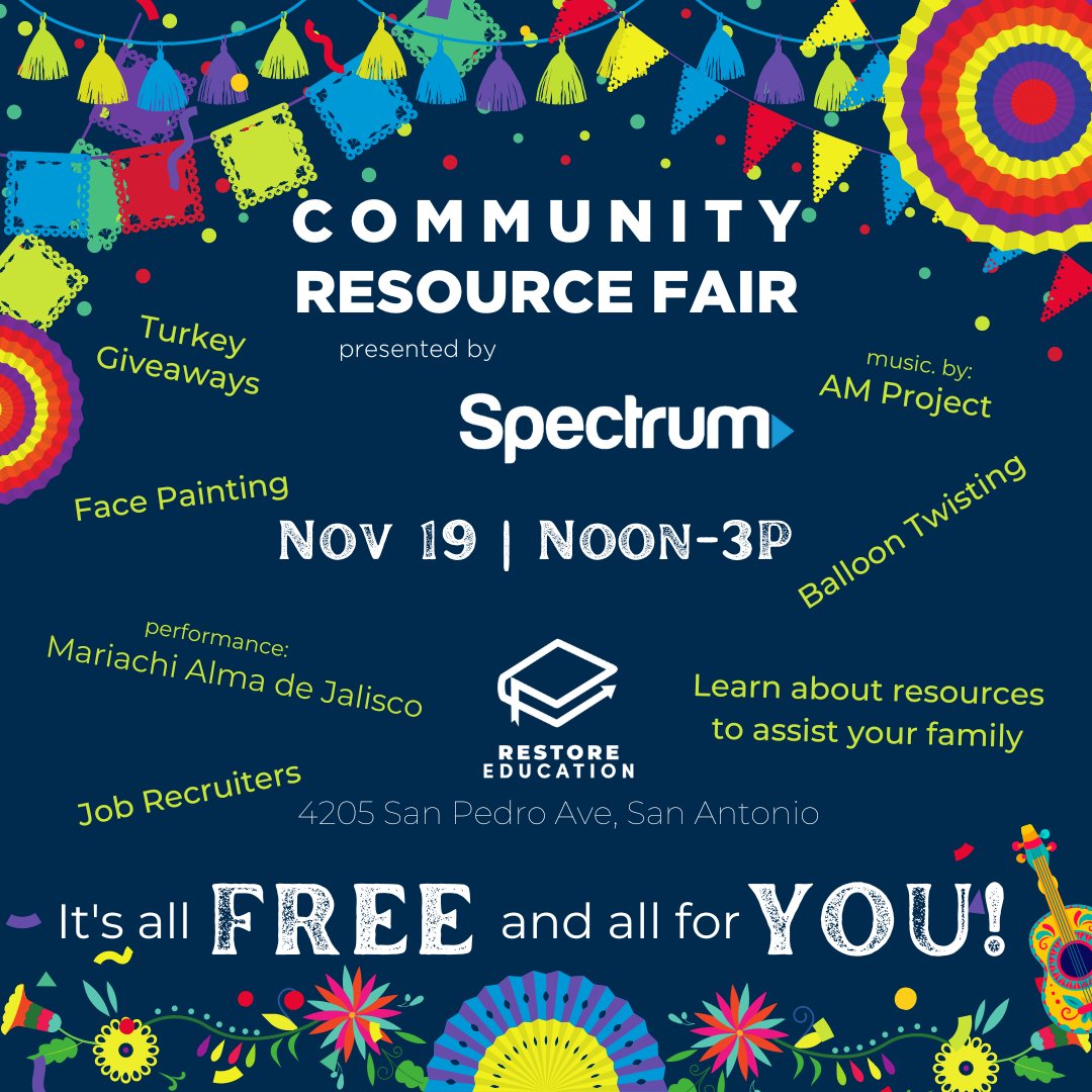 ChrysMin's tweet photo. Join us and other community organizations for the 2022 Community Resource Fair presented by @getspectrum and @restore_edu! Have fun with the family while learning about resources available to you! It's all #FREE! #SanAntonio #Family https://t.co/3aTM2RwF7z
