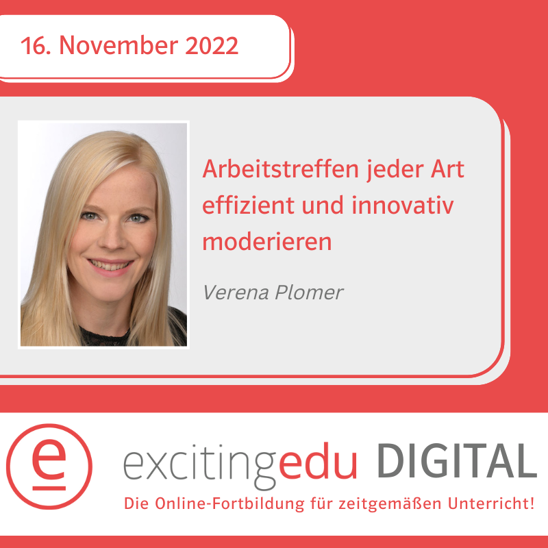 Am 16.11. könnt ihr kostenfrei an meinem Workshop zum Thema [Arbeitstreffen jeder Art effizient und innovativ moderieren] bei #excitingedu DIGITAL teilnehmen. Hier kommt ihr zur Anmeldung: excitingedu.de/excitingedu-di…