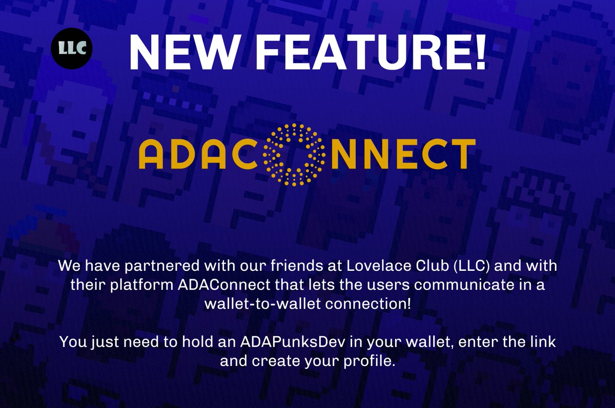 adapunksdev's tweet photo. NEW FEATURE! Go now to ADAConnect platform from our mates at @LovelaceClubNFT with your ADAPunks to create your profile and start chatting with your fellow holders.
#ADAPunksDev #ADAConnect #NewFeature https://t.co/k39TtZ2tDF
