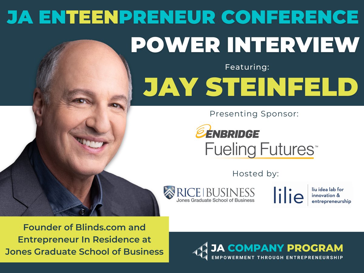 The #JACompanyProgram is honored to welcome visionary entrepreneur and best-selling author, <a href="/JaySteinfeld/">Jay Steinfeld</a> to the JA EnTEENpreneur Conference 2022, Presented by <a href="/Enbridge/">Enbridge</a> and Hosted by <a href="/Rice_Biz/">Rice Business</a> and <a href="/liuidealab/">Liu Idea Lab for Innovation & Entrepreneurship</a>!

Read more here:linkedin.com/feed/update/ur…