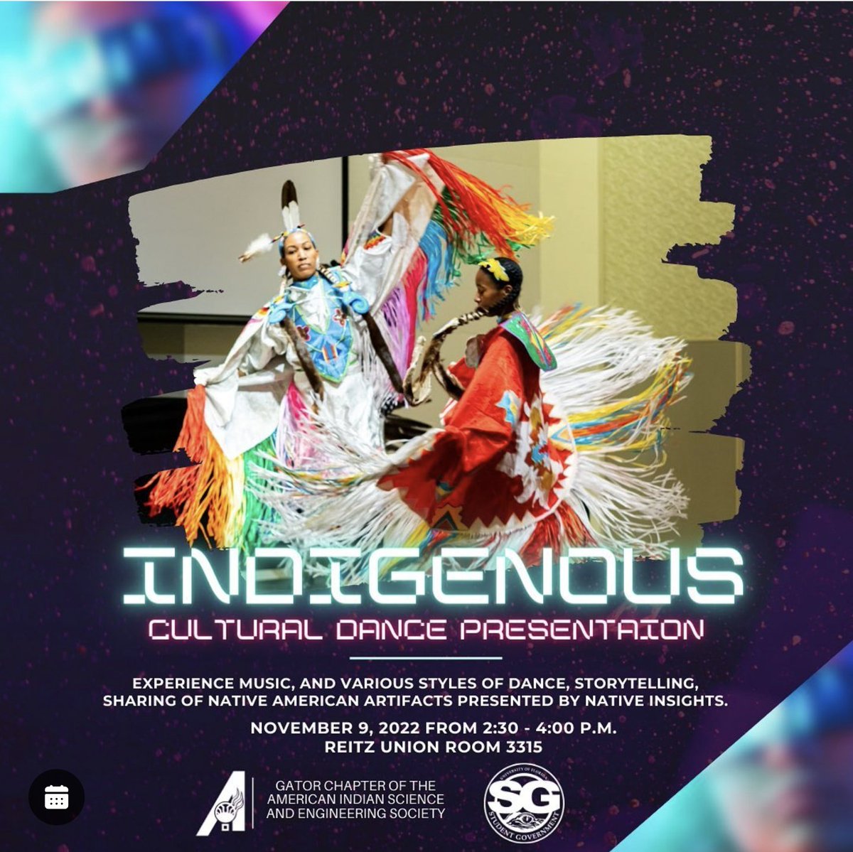 Gator AISES is organizing an event to celebrate the Native American Heritage Month. Next Wednesday, November 9th, they will have a cultural dance demonstration at Reitz Union (2:30pm, Room 3315)