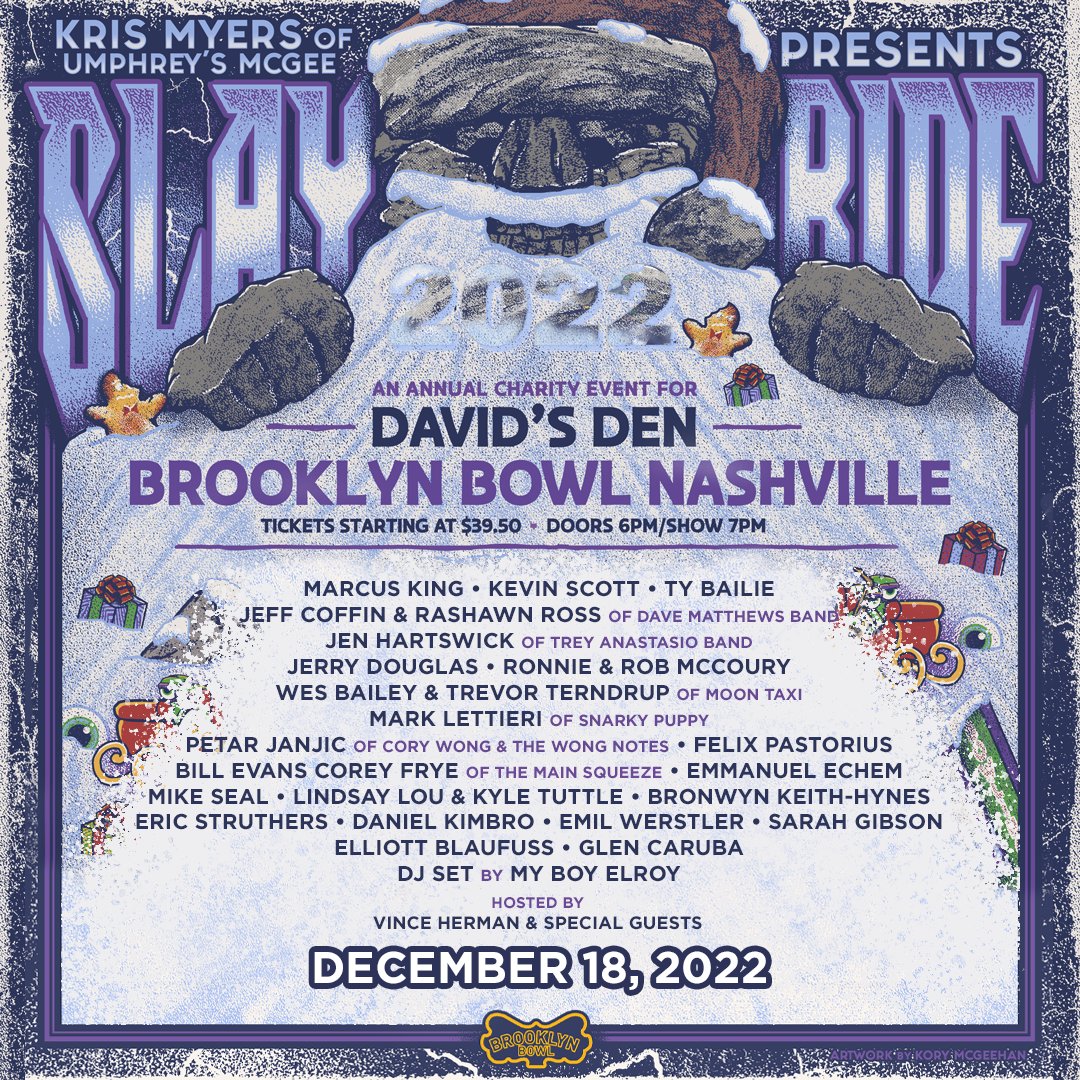 BBowlNashville's tweet photo. Buckle up! We have even more special guests joining us for @KrisMyersDrums's SLAYRIDE of the holiday season! Check out the full lineup, and get your tix to help benefit @DavidsDen_Nash: https://t.co/6xXZvHtzSB 🎅🎄🤘 https://t.co/6LwyIdAkmK