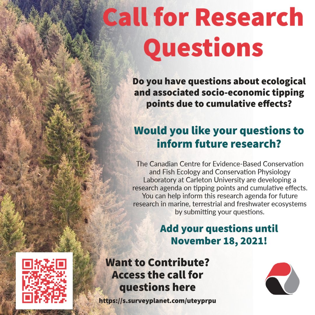 Do you have research &amp; management questions about ecological #TippingPoints in #Freshwater, #Marine &amp; #Terrestrial systems?
<a href="/Canada_CEBCEM/">Canadian CEIC</a> wants to hear your key questions by Nov 18!
Submit Qs to s.surveyplanet.com/uteyprpu
Check out our project page at: canadiancebc.com/projects/prior…