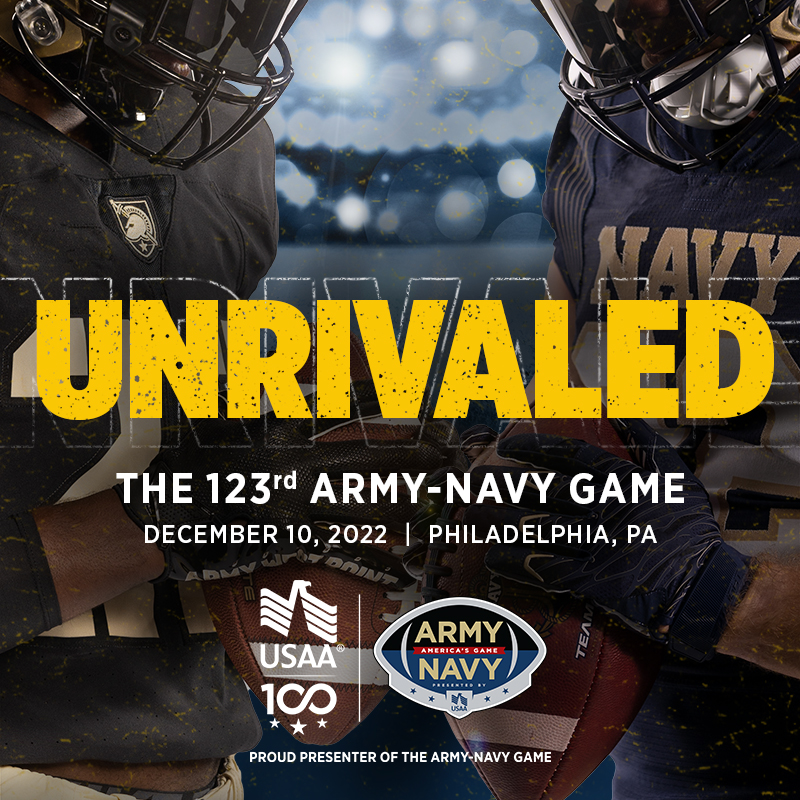 USAA's tweet photo. Fierce rivals and brothers in arms, they leave it all out on the field. Let’s take #ArmyNavy rivalry to a new level: Reply #GoArmy or #GoNavy and RT the hype graphics to rep your team. @NavyAthletics @ArmyWP_Football @ArmyNavyGame https://t.co/5tKVQ3gQon