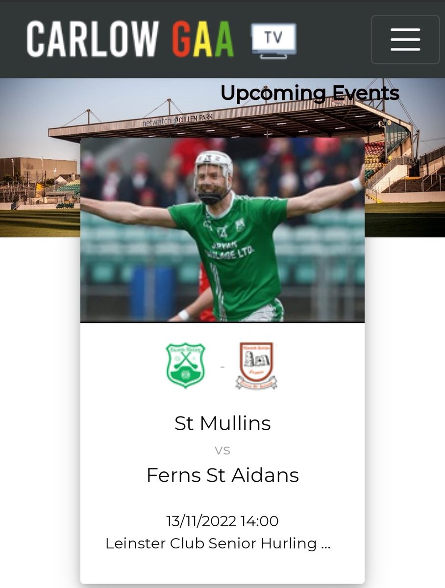 Live streaming with  Carlow GAA TV in conjunction with <a href="/PaircTV/">PáircTV</a> @WiiStreamLtd this Sunday for our mouth watering AIB GAA Leinster Senior Club Championship Game      🇬🇳📺🇬🇳
<a href="/NaomhMoling/">Naomh Moling</a>
<a href="/FernsGAA/">Official Ferns GAA</a>
<a href="/OfficialWexGAA/">Wexford GAA</a> 
<a href="/gaaleinster/">Leinster GAA</a>
▶️ carlowgaatv.ie