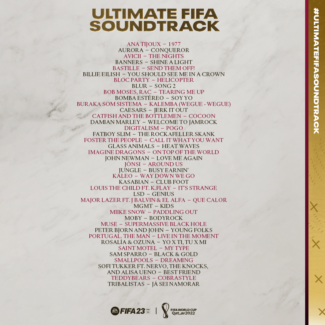 🎵📝 Here it is: The #UltimateFIFASoundtrack track list coming to #FIFA23 on November 9 along with the FIFA World Cup update❗ 🎧 Stream the full Soundtrack on @Spotify now: open.spotify.com/playlist/37i9d…