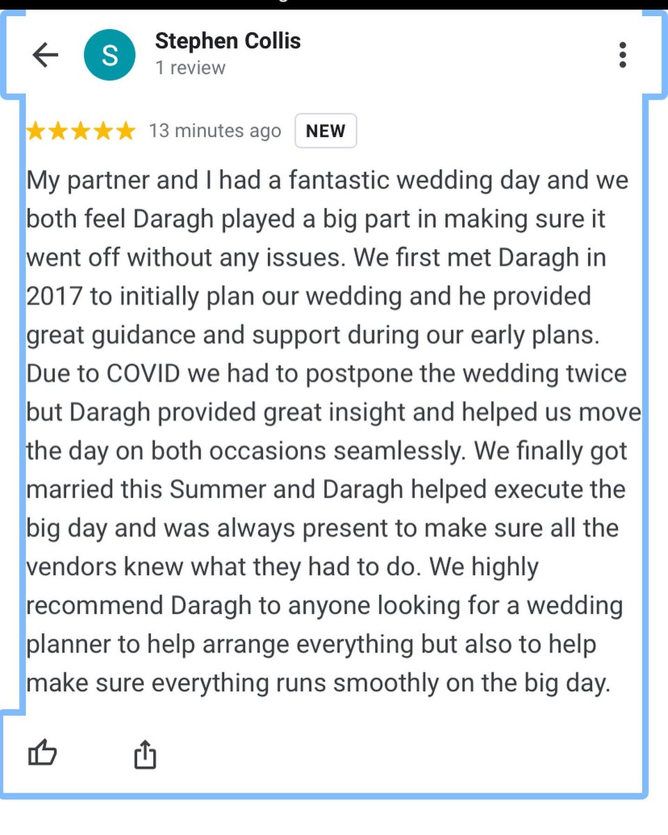 DaraghDoyle's tweet photo. Wedding Planning Review ❤️❤️ 
#weddings 
#weddingreview
#weddingcoordinator 
#weddingplanner 
#weddinginspiration https://t.co/tmR4sLkXQJ