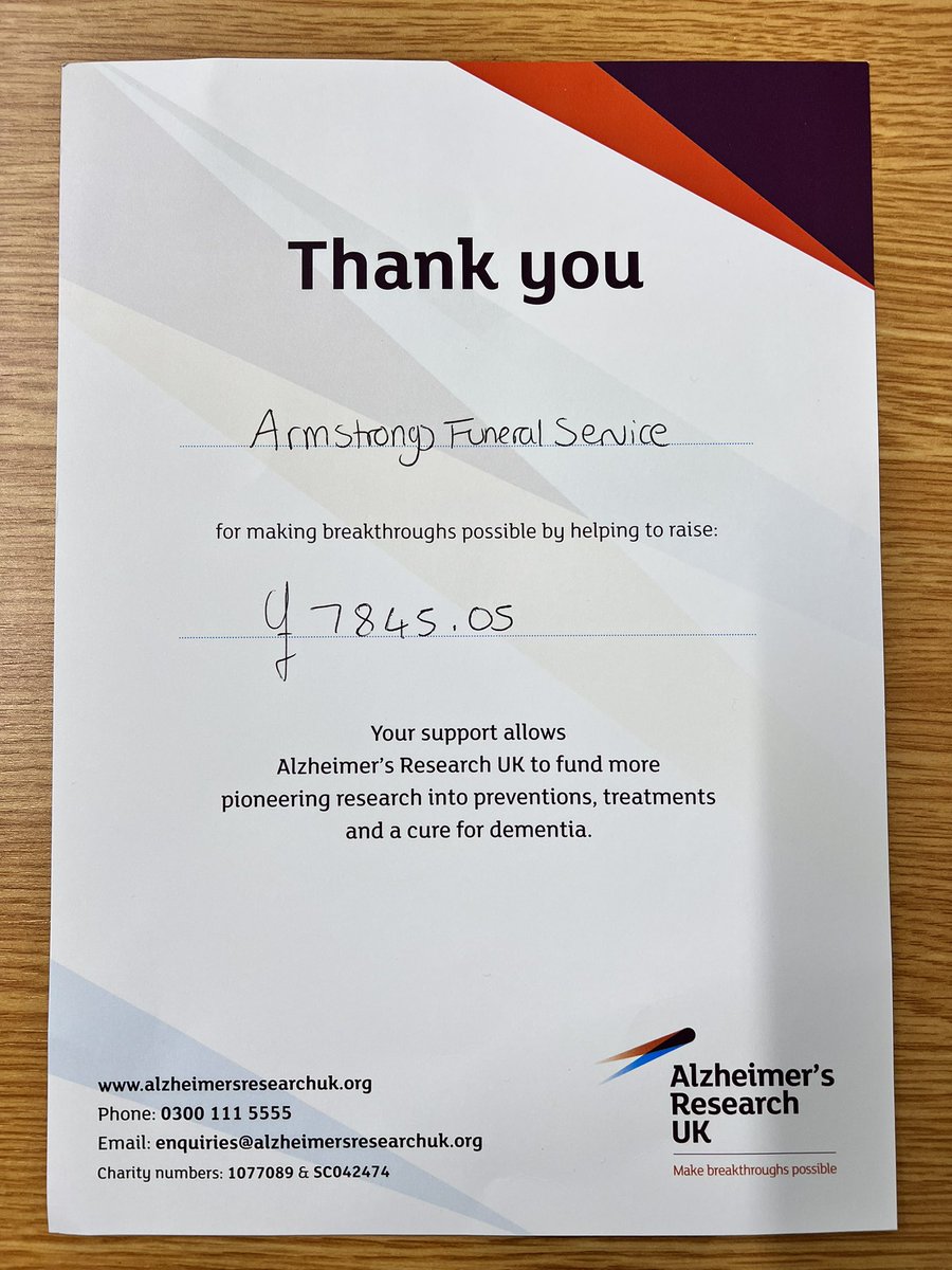 Charities benefit from the generosity of our families who choose collections in memory of their loved ones. Delighted to have received this thanks from <a href="/AlzResearchUK/">Alzheimer's Research UK</a> that £7845.05 has been donated so far! #funeral #charitydonations