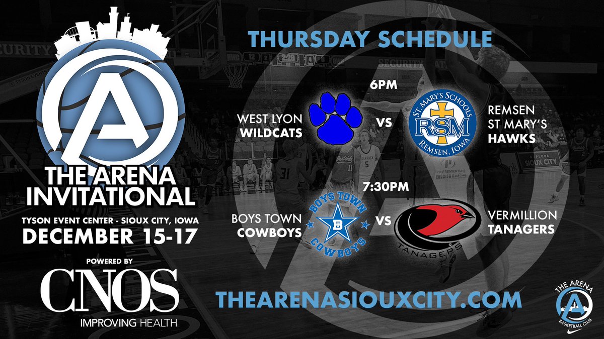 Siouxland Sports Academy (@siouxlandsports) on Twitter photo Day 1 of the 2022 Arena Invitational powered by <a href="/CNOSPC/">CNOS</a> at the <a href="/TysonEventsCent/">Tyson Events Center</a> will kickoff with two big matchups! <a href="/WL_BoysHoops/">West Lyon Boys Hoops</a> <a href="/RSMbasketball/">Remsen St. Mary’s Basketball</a> <a href="/VermillionHoops/">Tanager Boys BBall</a> #hometeam #siouxcity #arenainvite2022🏀 Day 1 of the 2022 Arena Invitational powered by <a href="/CNOSPC/">CNOS</a> at the <a href="/TysonEventsCent/">Tyson Events Center</a> will kickoff with two big matchups! <a href="/WL_BoysHoops/">West Lyon Boys Hoops</a> <a href="/RSMbasketball/">Remsen St. Mary’s Basketball</a> <a href="/VermillionHoops/">Tanager Boys BBall</a> #hometeam #siouxcity #arenainvite2022🏀