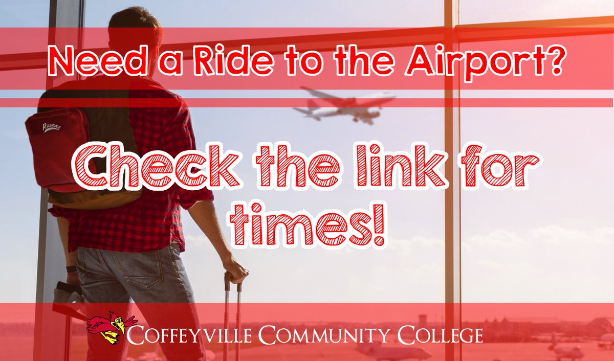 cccredravens's tweet image. Need a ride to the Tulsa Airport for Thanksgiving Break?⁠
⁠
We've got you covered!⁠
⁠
To the airport:
Tuesday, November 22, 4 pm⁠
Wednesday, November 23, 10 am &amp;amp; 4 pm⁠

From the airport:
Sunday, November 27, 10 am &amp;amp; 4 pm⁠
⁠
Register today:
coffeyville.edu/student-servic…