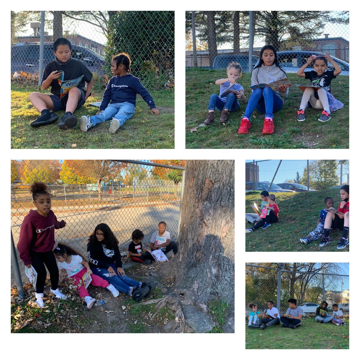 TracyCorcoran13's tweet photo. It’s a beautiful day to read outside with a buddy. @YoungWoodsES our 5th grade Ms. Withers class read to our pre-k students. @DrWJReilly @PTU958 @pvdschools https://t.co/uk22qa3JFk