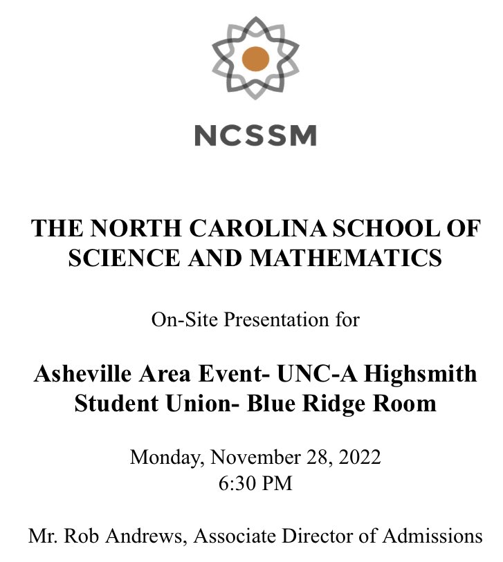 NC School for Science and Mathematics (NCSSM) is hosting last in-person evening session for this fall. Pls share this info with 9th &amp; 10th-grade parents &amp; middle school counselors and/or AIG coordinators. They are encouraging 7th &amp; 8th-grade parents &amp; students to attend as well.