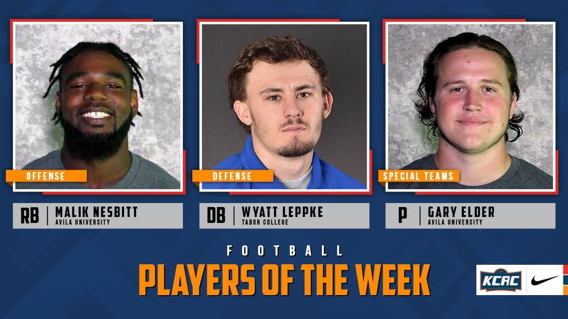 Malik Nesbitt and Gary Elder of <a href="/Avila_Athletics/">Avila Athletics</a> and Wyatt Leppke of <a href="/GoTaborBluejays/">Tabor College Athletics</a> Earn KCAC Football Weekly Honors! bit.ly/3UnXGDa #KCACfb

<a href="/NAIA/">NAIA</a> <a href="/NAIAFBALL/">NAIAFBALL</a> <a href="/RedditCFB/">RedditCFB</a>