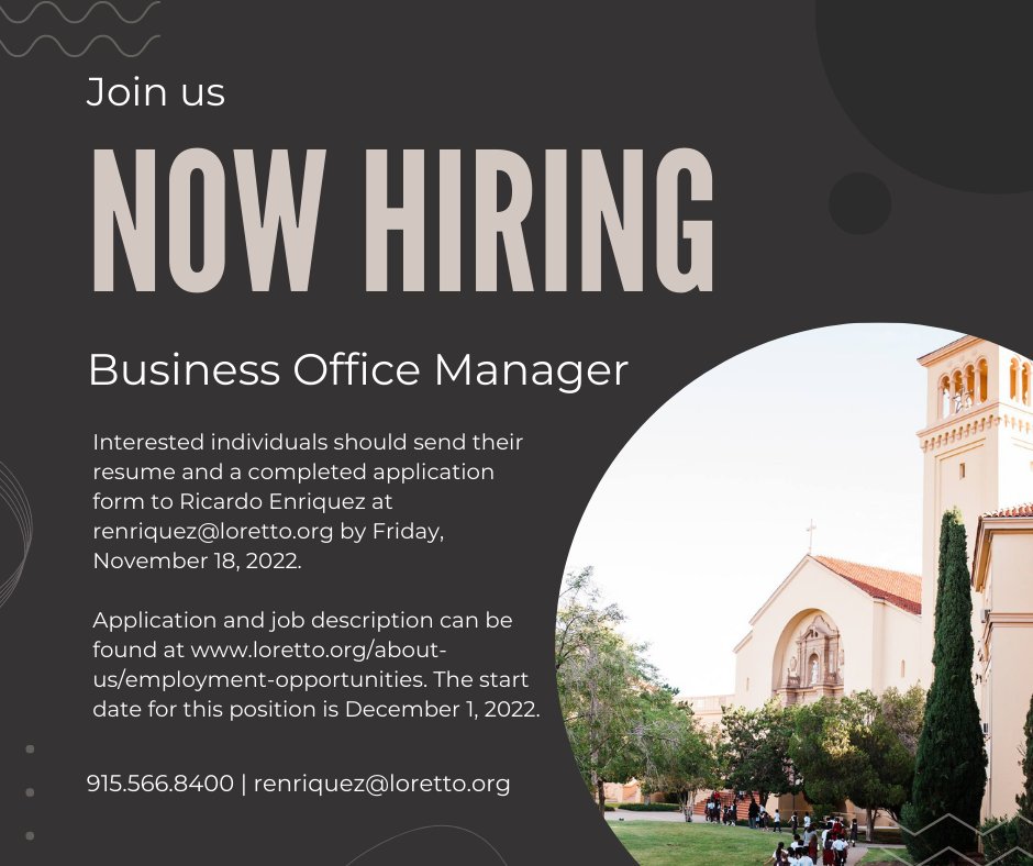 Loretto Academy (@lorettoacademy) on Twitter photo NOW HIRING!
We are hiring a Business Office Manager. Access the job description and application here: ow.ly/tvS950LwRWw. Resume and application are due by November 18th to Ricardo Enriquez at renriquez@loretto.org. Apply today! NOW HIRING!
We are hiring a Business Office Manager. Access the job description and application here: ow.ly/tvS950LwRWw. Resume and application are due by November 18th to Ricardo Enriquez at renriquez@loretto.org. Apply today!