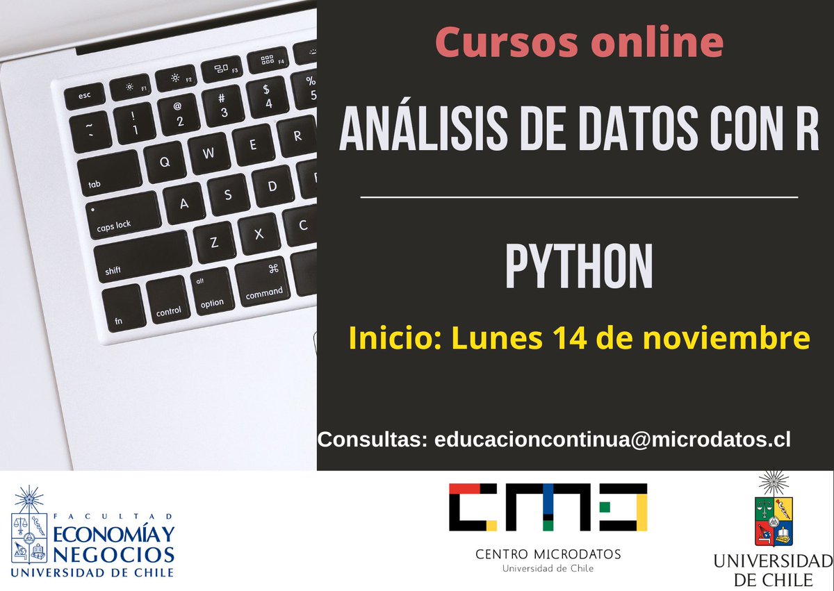 Centro de Microdatos (Fen U Chile) (@cmicrodatos) on Twitter photo ➡️La próxima semana comenzarán nuestros dos nuevos cursos: R básico y Python. Si tienes consultas escríbenos a educacioncontinua@microdatos.cl
Más información➡️microdatos.cl/educacion-cont… ➡️La próxima semana comenzarán nuestros dos nuevos cursos: R básico y Python. Si tienes consultas escríbenos a educacioncontinua@microdatos.cl
Más información➡️microdatos.cl/educacion-cont…
