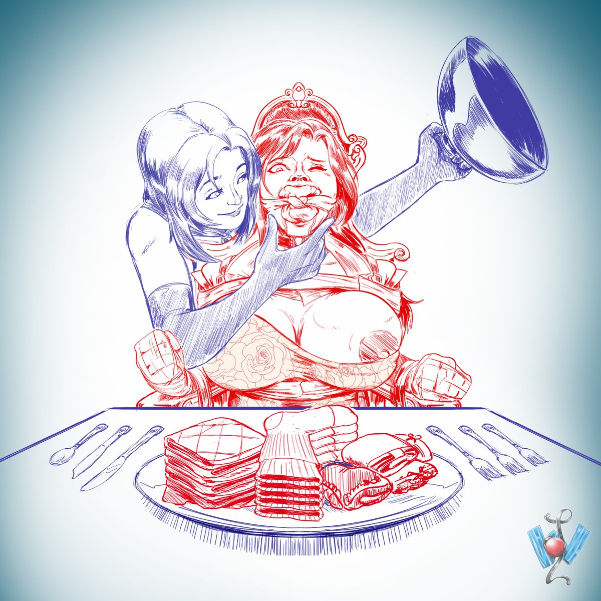 A clean sketch featuring <a href="/tfJohnsonArt/">tfjohnson</a>'s OC, Rose(in red) and bloom118(bloomy118.deviantart.com)'s, Carol.

Nothing like a good fancy dinner to have together. For today's special menu has 'extra stuffing'.