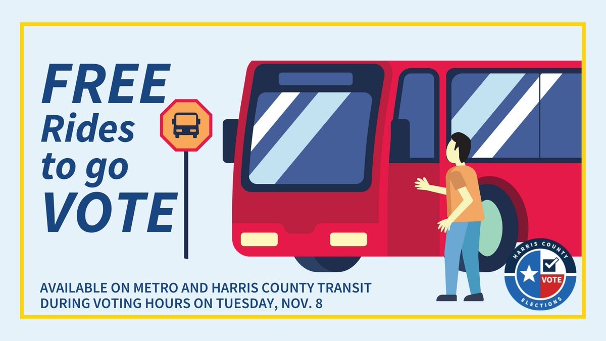 HarrisVotes's tweet photo. 🚎 Need a ride to #Vote?
@METROHouston &amp; @HarrisCountyTra will offer FREE rides for citizens heading to a Poll Location. 
👉 Learn more at https://t.co/VH6Js9JVaa
#Election2022 #YourVoteYourVoice #HarrisVotes https://t.co/QF6Fr8CwLL