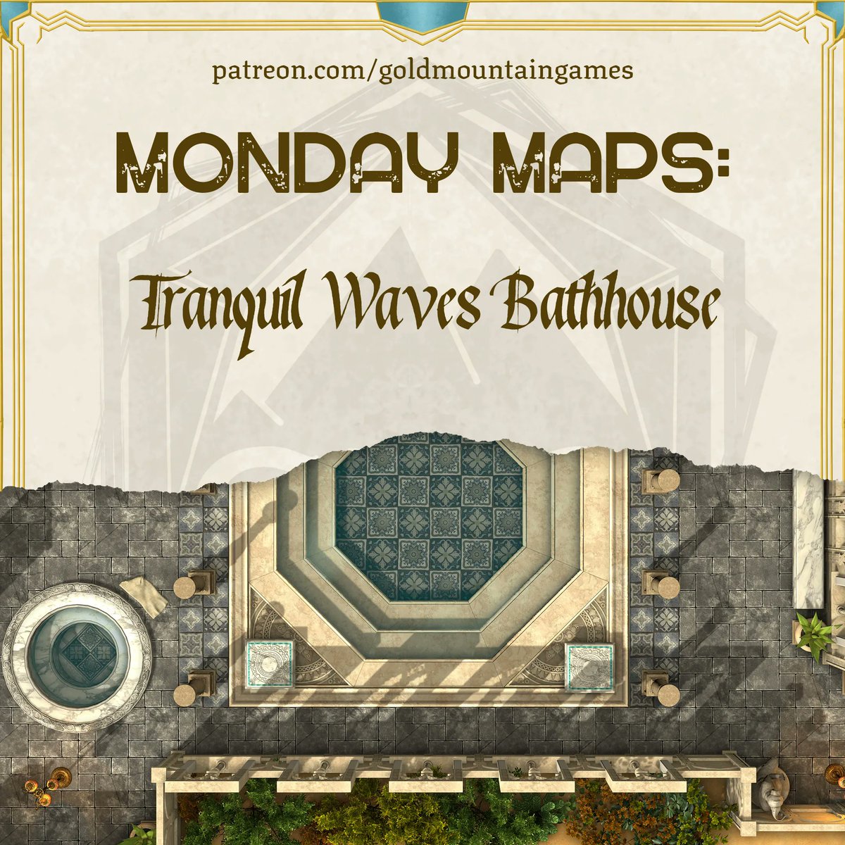 GoldMtnGames's tweet photo. Send your players through the seemingly quiet #TranquilWavesBathhouse, our #Patreon #MondayMaps. Sign up for any tier to access this #battlemap. High-res, unmarked versions of this #map are available to Silver & Gold tiers. #dndmap #5e #dnd #ttrpg #gmg https://t.co/4G7EoDiNMk