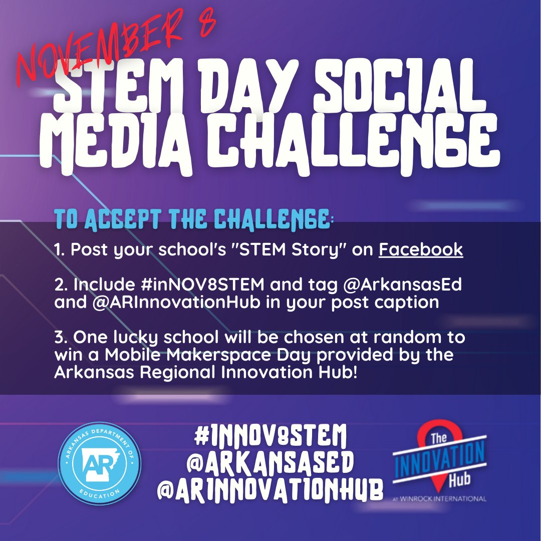 ArkansasEd's tweet photo. November 8 is National STEM Day!

In celebration, ADE is hosting a STEM Day social media challenge! See the graphic below for instructions and to learn how your school can win!

Post your school’s STEM Story before 3 p.m. CST on Tues. 11/15 to qualify! https://t.co/IsSiMpDf1K