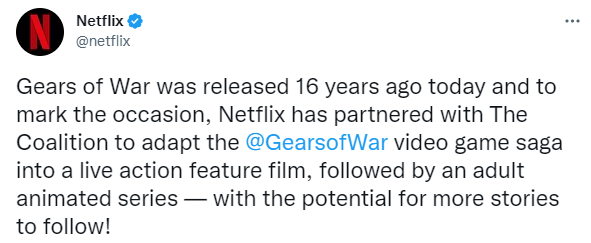 Dexerto's tweet photo. Netflix confirms they are making a Gears of War movie https://t.co/pFQUaHLbBV