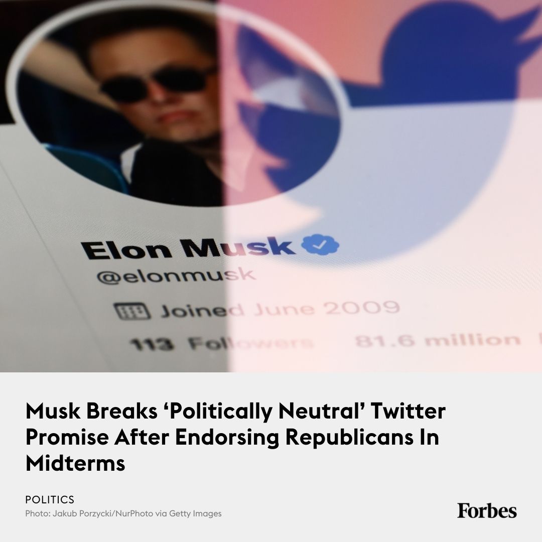 Forbes's tweet photo. Elon Musk pleaded on Twitter Monday for voters to back Republican candidates a day before midterm elections. https://t.co/8O9ALCdqlF https://t.co/2Q4CccLAc8