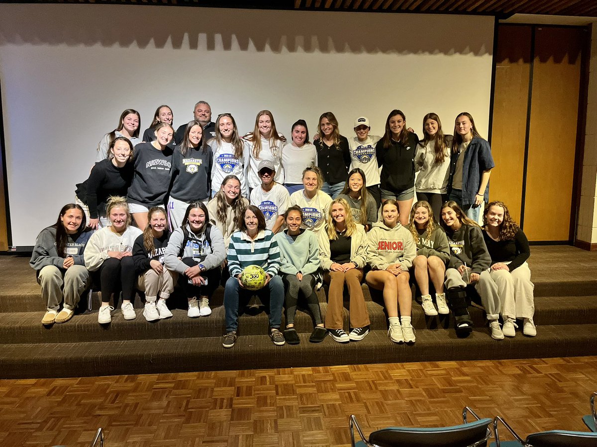NazAthletics's tweet photo. WSOC: Saturday’s Empire 8 Championship win marked head coach Gail Mann’s 350th! The 2022 team gifted coach a ball with all their signatures to help commemorate after the @NCAADIII Women’s Soccer selection show. #NazNation @Empire8 https://t.co/o1YSi7cAON