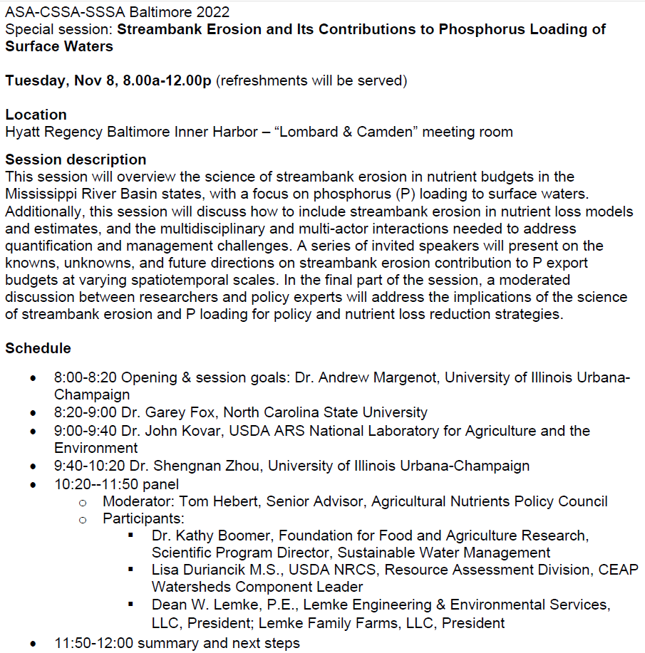 ajmargenot's tweet photo. If you're in Baltimore for #ACSmtg and want to be part of an interactive session on #streambank erosion and P loading to waters in US Midwest, join us tomorrow at 8a (details below). A mix of scientists and policy makers, including a panel with USDA and EPA folks @IllinoisNrec https://t.co/AbF0SckCaE