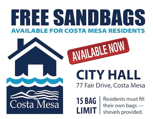 With rain the forecast the next three days, the city’s maintenance service crews have made sandbags available at City Hall. Sand bags are available for free to Costa Mesa residents in the southeast corner of the City Hall parking lot at 77 Fair Drive. 

No commercial use please.