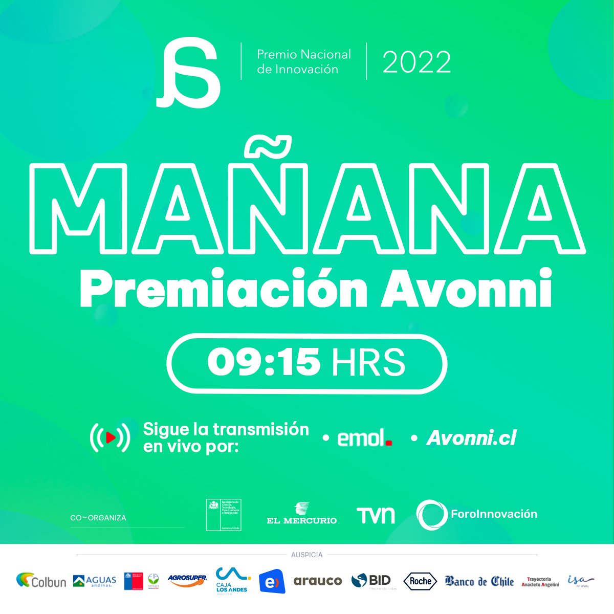 ¡MAÑANA! 😁💚

Estamos a solo horas de vivir la Premiación Avonni 2022 👏 

Podrás seguir la transmisión en vivo por emol.com y avonni.cl a partir de las 9:15 AM 👀

¡Mucha suerte a todos nuestros finalistas! 🍀