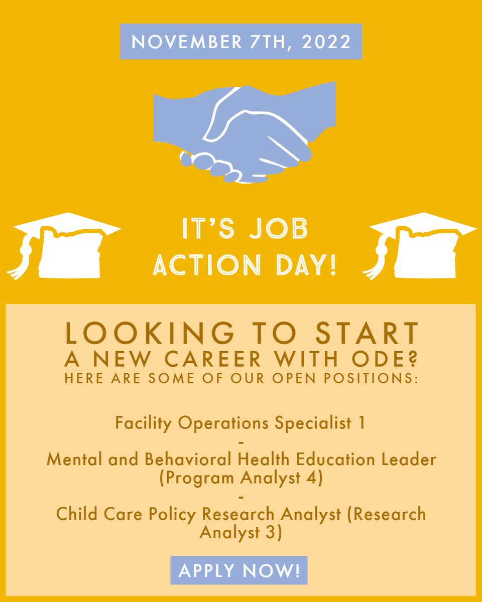 OrEd_Jobs's tweet photo. It's #JobActionDay!
It’s a day to connect workers and job-seekers alike with career advice from experts in the career field. If you still dream of being excited to go to work every day, Job Action Day was created in your honor!
ODE Careers: https://t.co/0xsiyid1MU https://t.co/074OFY7fKg