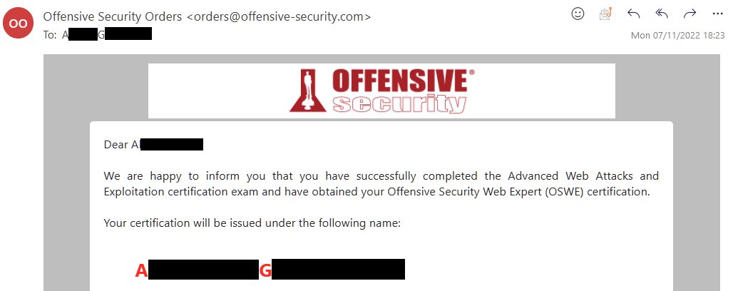 Another one bites the dust -- absolutely delighted to have my OSWE!🕸😁
Of the <a href="/offsectraining/">OffSec</a> courses/exams I have completed to date, AWAE/OSWE was easily the one I've enjoyed the most; kudos to the course devs for an amazing experience!
Two down, one to go... time for OSED 😱