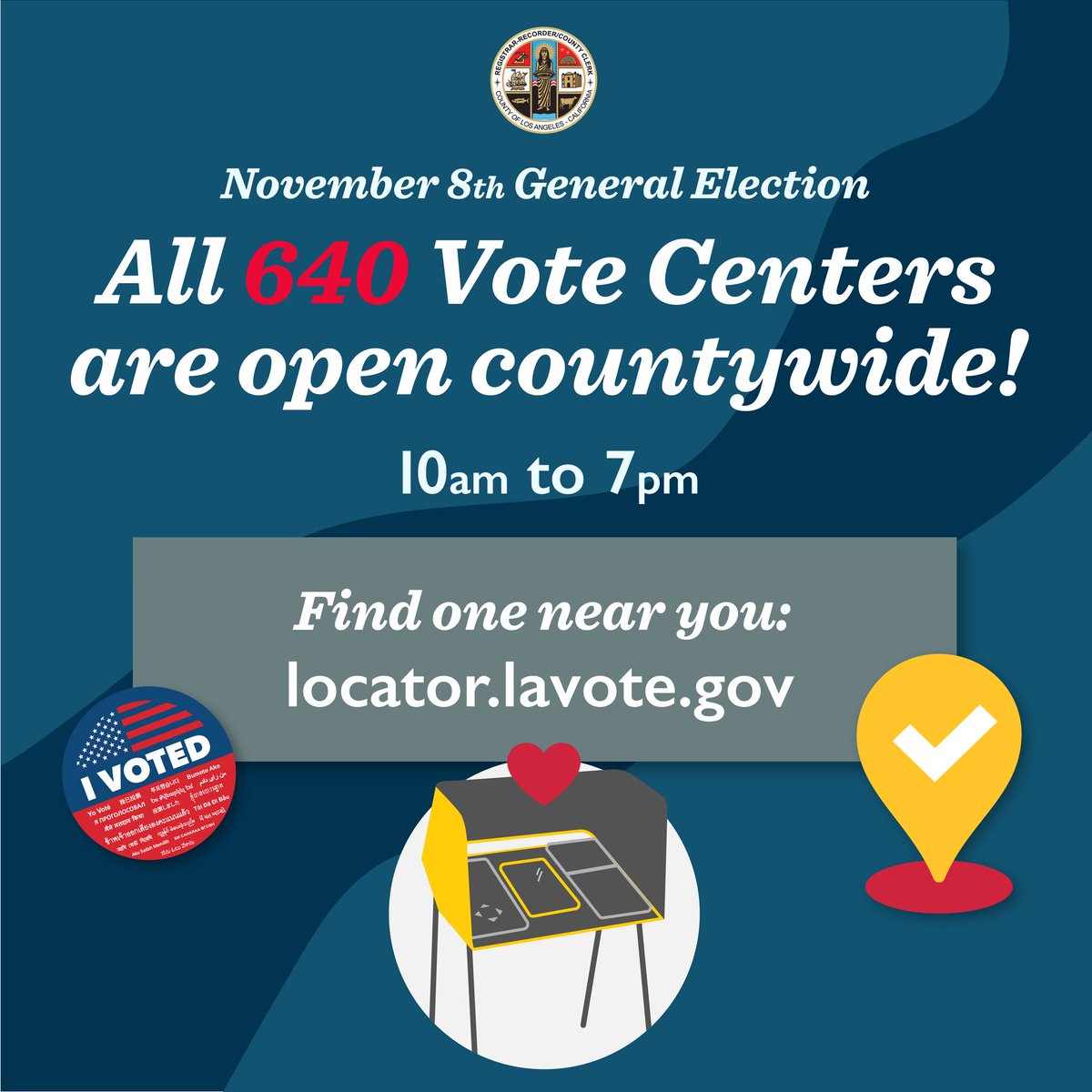 🗳️ Tomorrow is the official Election day! But why wait? Vote Centers are open! Find yours at locator.lavote.gov