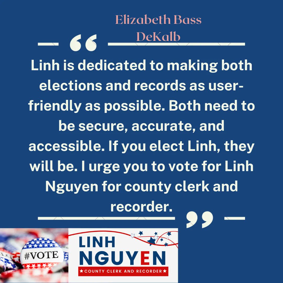 Thank you, Elizabeth Bass, for your gift of writing. You can read her letter of support for Linh Nguyen for DeKalb County Clerk and Recorder here: buff.ly/3zGanAQ 
#winwithlinhnguyen
#monday #dekalblife #proudlydekalb #HuskiePride #huskiesvote #midterm