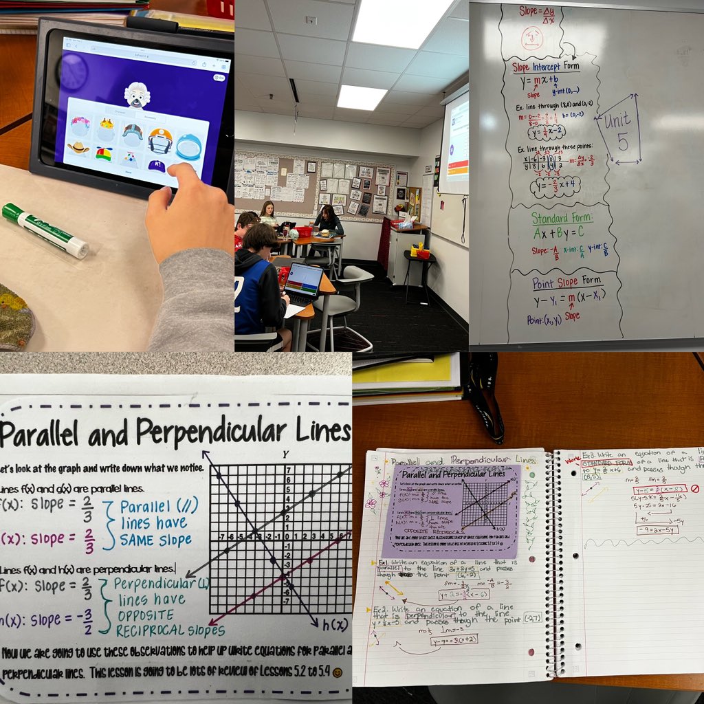 MrsStrole's tweet image. HonAlg Ss get a chance to review the 3 forms of linear equations 🙏🏼 to @kahoot.  Ss❤️ed the new update. Then we 🔎 what we notice about parallel&amp;amp;perpendicular lines. Finally Ss use color coding to help make connections to last weeks topics. #seeingmath @FJHChargers
