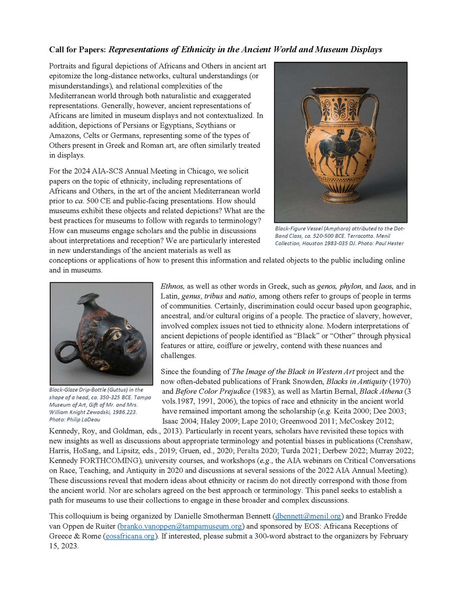 AthenasVases's tweet photo. Happy to be sharing this #callforpapers for #AIASCS 2024 in Chicago on the topic of "Representations of Ethnicity in the Ancient World and Museum Displays." Full text can be found here: https://t.co/3GmJN0zRcb. https://t.co/zdVNgBJfc3