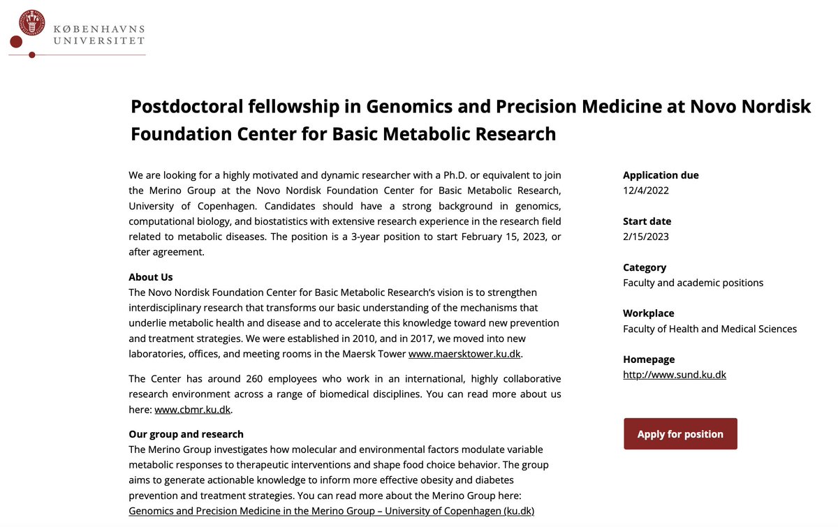 Jordi Merino (@riudecanyenc) on Twitter photo A postdoctoral position is now open in my Group at <a href="/Metabolcenter/">NNF Center for Basic Metabolic Research (CBMR)</a>!
Please get in touch if you are interested in genomics, precision medicine, and cardiometabolic diseases candidate.hr-manager.net/ApplicationIni….
Please RT #hiringnow #AcademicTwitter #research A postdoctoral position is now open in my Group at <a href="/Metabolcenter/">NNF Center for Basic Metabolic Research (CBMR)</a>!
Please get in touch if you are interested in genomics, precision medicine, and cardiometabolic diseases candidate.hr-manager.net/ApplicationIni….
Please RT #hiringnow #AcademicTwitter #research