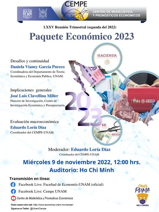 FEconomiaUNAMof's tweet photo. Les invitamos a la LXXV Reunión Trimestral del CEMPE 
9 de noviembre a las 12:00 horas en el auditorio Ho Chi Minh https://t.co/LEUk01INJh