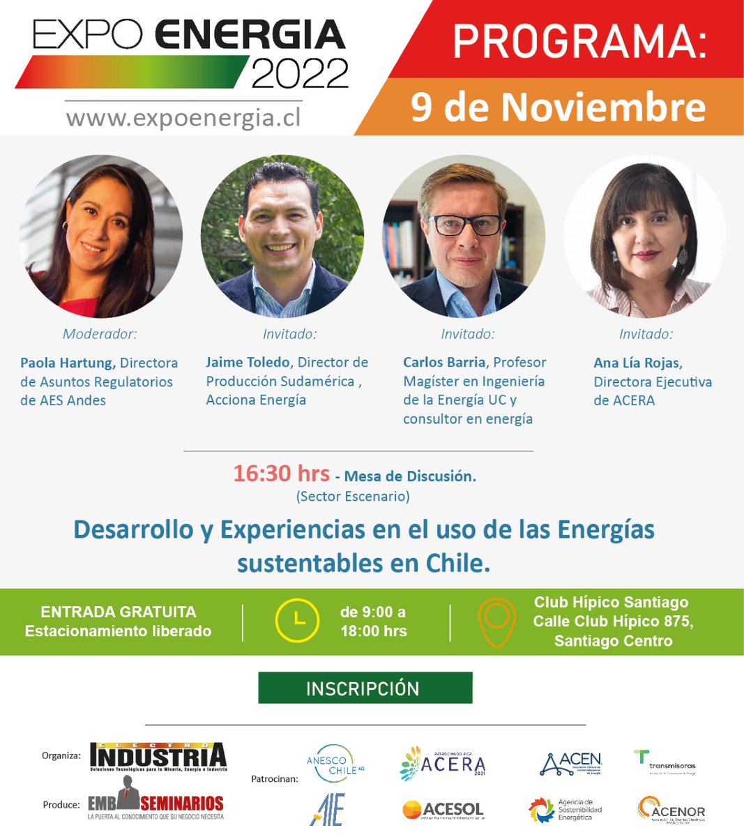 📆Este miércoles <a href="/ACERAAG/">ACERA A.G.</a> en Expo Energía. Nuestra Directora Ejecutiva <a href="/analiaenergia/">Ana Lia Rojas</a>  participará en Mesa "Desarrollo y Experiencias en el uso de las Energías Sustentables en Chile" junto a los Consejeros ACERA, <a href="/PaolaHartung3/">Paola Hartung</a>  y Jaime Toledo.
Inscríbete👉bit.ly/3t9nF57