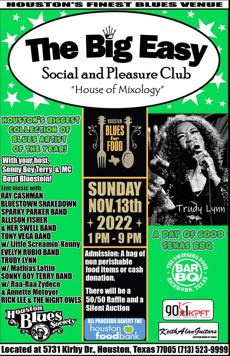 Mark your calendar for the annual Blues for Food concert &amp; fundraiser at the Big Easy Social Club, Sunday, Nov. 13th, 1 to 9 pm. An absolute stellar line-up you won't want to miss! <a href="/trudylynntx/">Trudy Lynn-Official</a> <a href="/RaaRaaZydeco/">RaaRaaZydeco</a> <a href="/RubioEvelynjazz/">Evelyn Rubio</a> <a href="/KpftHouston/">KPFTHouston</a> <a href="/KPFTRadioHD/">KPFT Radio Houston</a> <a href="/BobRuggiero2/">Bob Ruggiero</a> <a href="/ThePhantomTX/">Chris Gray</a>