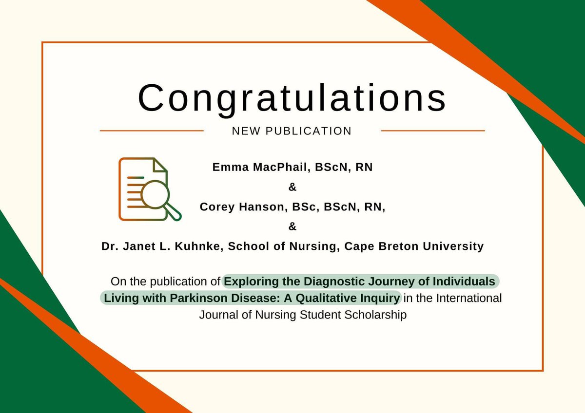 Congratulations to CBU BScN grads Emma MacPhail, Corey Hanson, and prof. Dr. Janet L. Kuhnke, on publication.

The objective of this research project was to investigate the experiences of patients living with Parkinson’s Disease.

Visit journalhosting.ucalgary.ca/index.php/ijns… to view paper.
