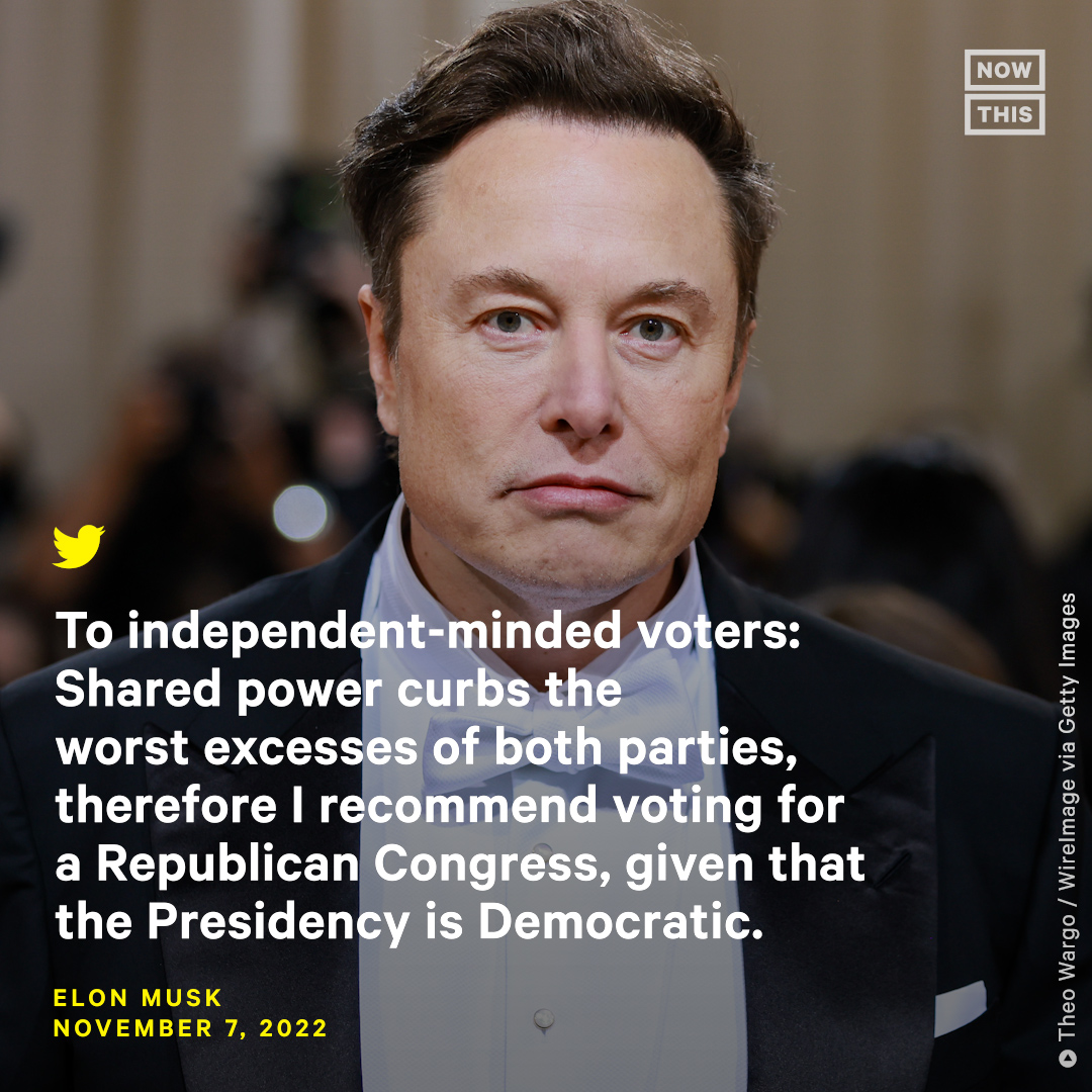 nowthisimpact's tweet image. One day before the midterm elections, Elon Musk told his 115 million Twitter followers to vote Republican 🤔