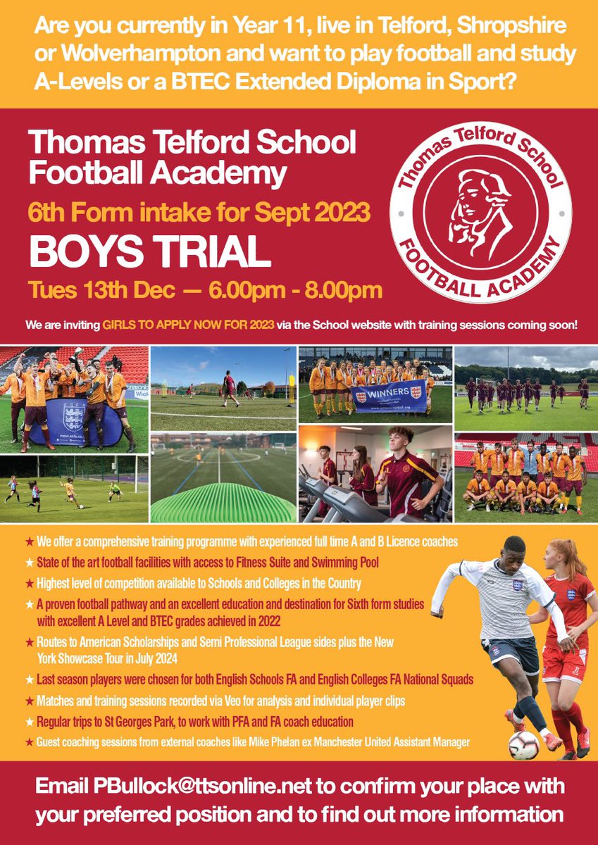 Calling all Shropshire and Wolverhampton based footballers currently in Year 11. The <a href="/tts_sport/">TTS Sport</a> <a href="/Thomas_Telford/">ThomasTelfordSchool</a> 6th form boys showcase trial for our September 2023 intake is on Tuesday 13th December - ⚽️ 6.00pm start ⚽️ Register your interest now ⚽️
