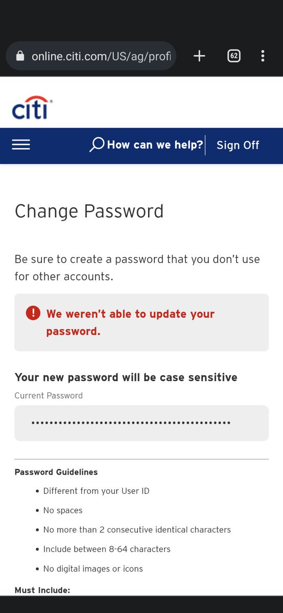 ravik's tweet photo. @AskCiti I can log into my account now but it asked me to update my password due to new requirements and it's saying it can't update my password? https://t.co/HHbbjYx6ua