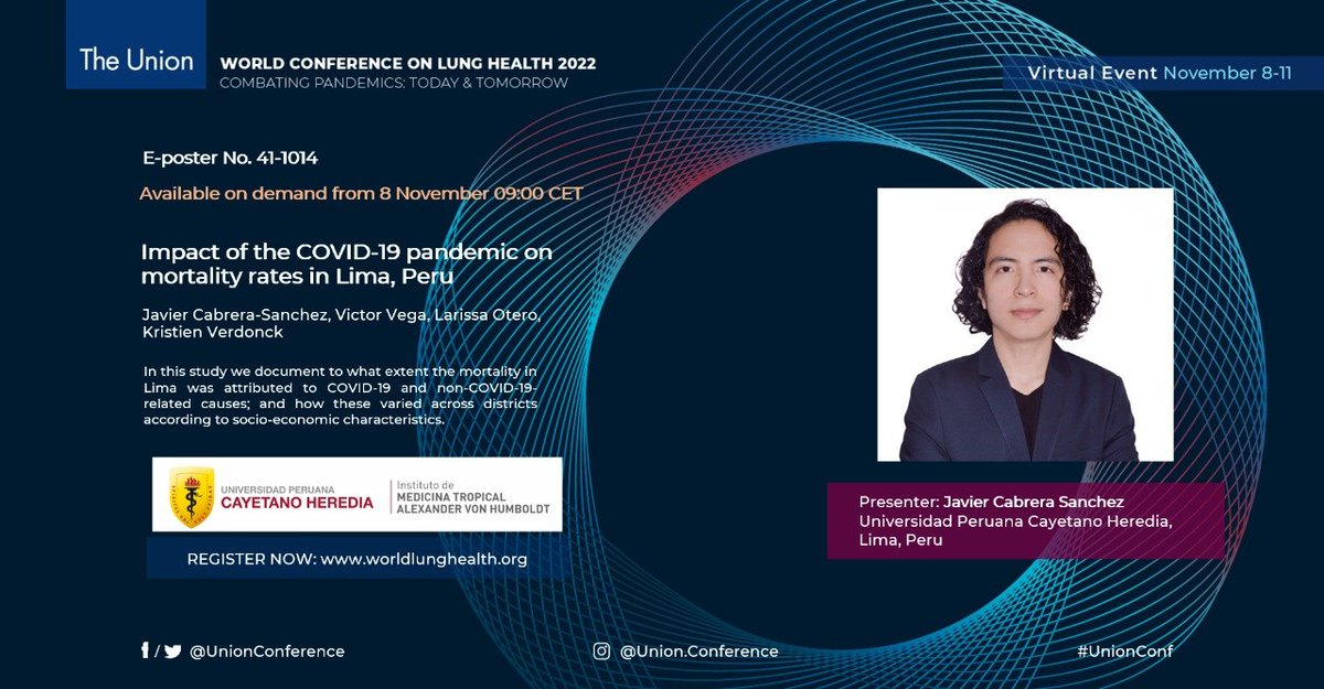 Javier Cabrera Sanchez (@javiercabrera_s) on Twitter photo Peru reported one of the highest excess death rates worldwide during the COVID-19 pandemic. I will speak at the 52nd <a href="/UnionConference/">The Union Conference</a> and present the findings of a study on mortality rates and socioeconomic status in the largest city of Peru. <a href="/VictorVegaZ/">Victor Vega Zambrano</a>
#UnionConf Peru reported one of the highest excess death rates worldwide during the COVID-19 pandemic. I will speak at the 52nd <a href="/UnionConference/">The Union Conference</a> and present the findings of a study on mortality rates and socioeconomic status in the largest city of Peru. <a href="/VictorVegaZ/">Victor Vega Zambrano</a>
#UnionConf