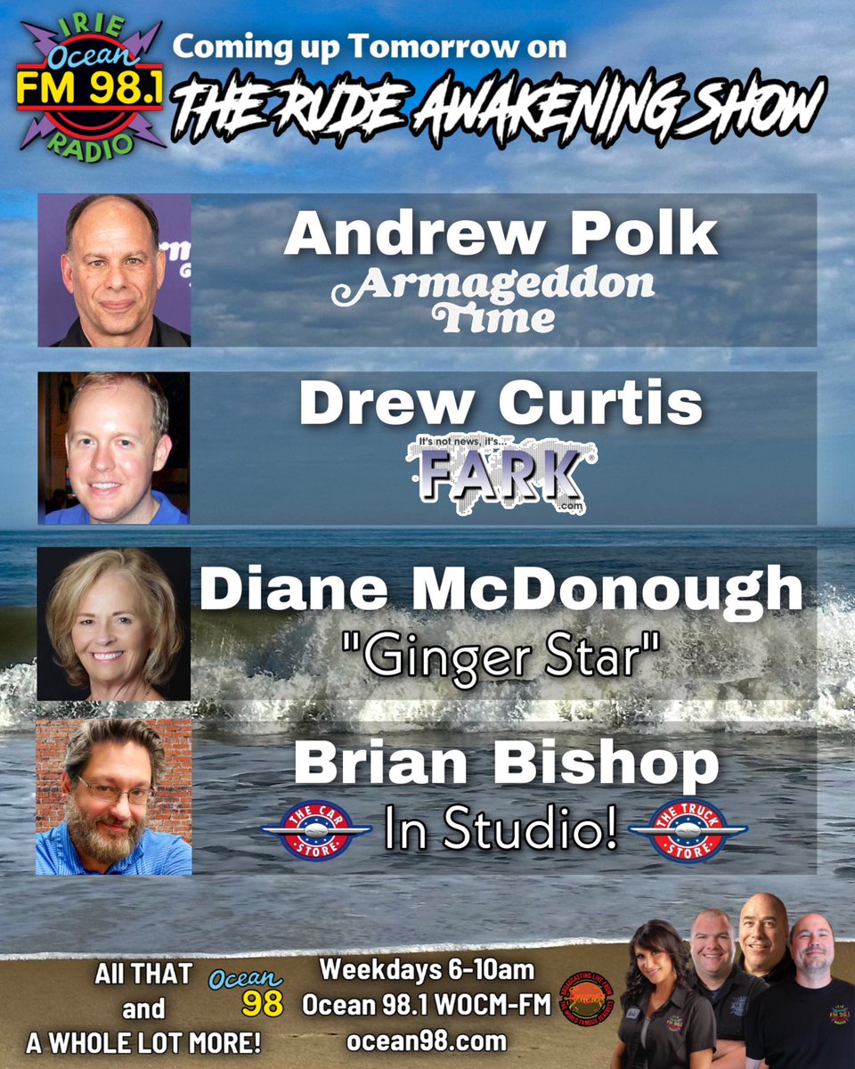 Ocean98WOCM's tweet photo. Coming up tomorrow morning! https://t.co/nA1za8YrQn
#ocean98 #ocmd #enjoyocmd #bulldogsrudeawakeningshow
#thankyouforlistening
#thecarstoremdde #thetruckstoremdde
#funkytuesday #diricksoncreekconstruction #dianemcdonough #itsnotnewsitsfark #andrewpolk #ArmageddonTime https://t.co/sH1MEU6ph6