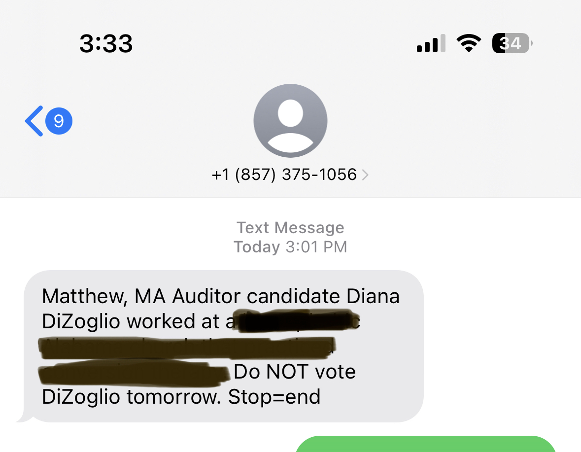 matthaggerty's tweet photo. @DianaDiZoglio just a heads up that I received an unsolicited political message aligned with the @AnthonyAmore22 campaign. They refuse to identify themselves. https://t.co/pADjZIfjFq